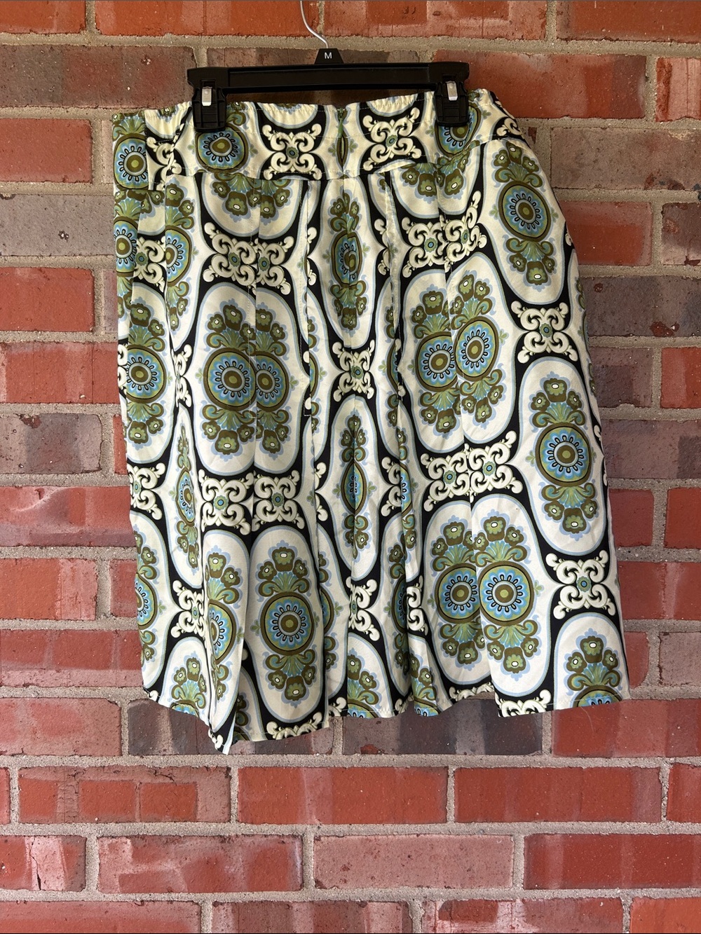 A Pea in the Pod Olive, Blue and Cream Patterned Silk Skirt- Maternity S